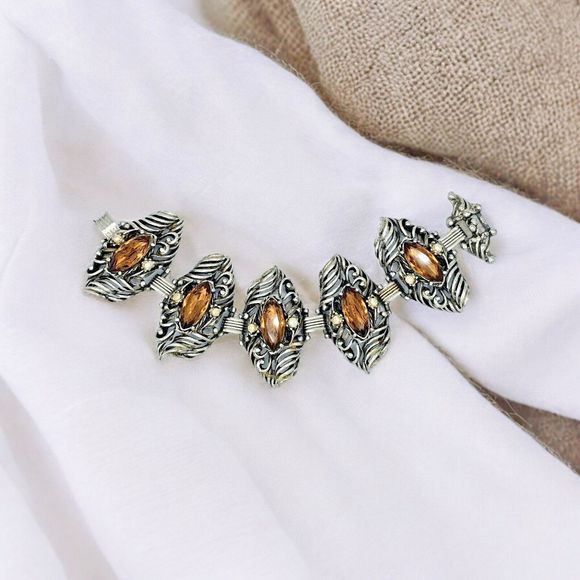 Brutalist Jewel Bracelet Bangle Vtg Brown Jewel Pearl Open Scroll Segment Viking - Picture 12 of 12